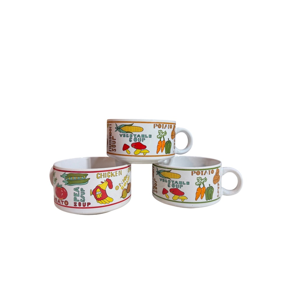 Vintage Set of 3 Ceramic Soup Mugs Retro Vegetable Chicken Graphics White 4 inch
